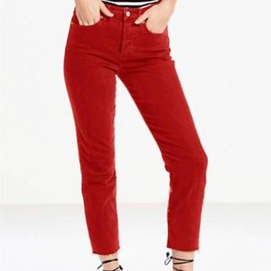 Levis Wedgie Fit High-Waisted Button Fly Cut-Off Ankle Jeans in Red Size 29